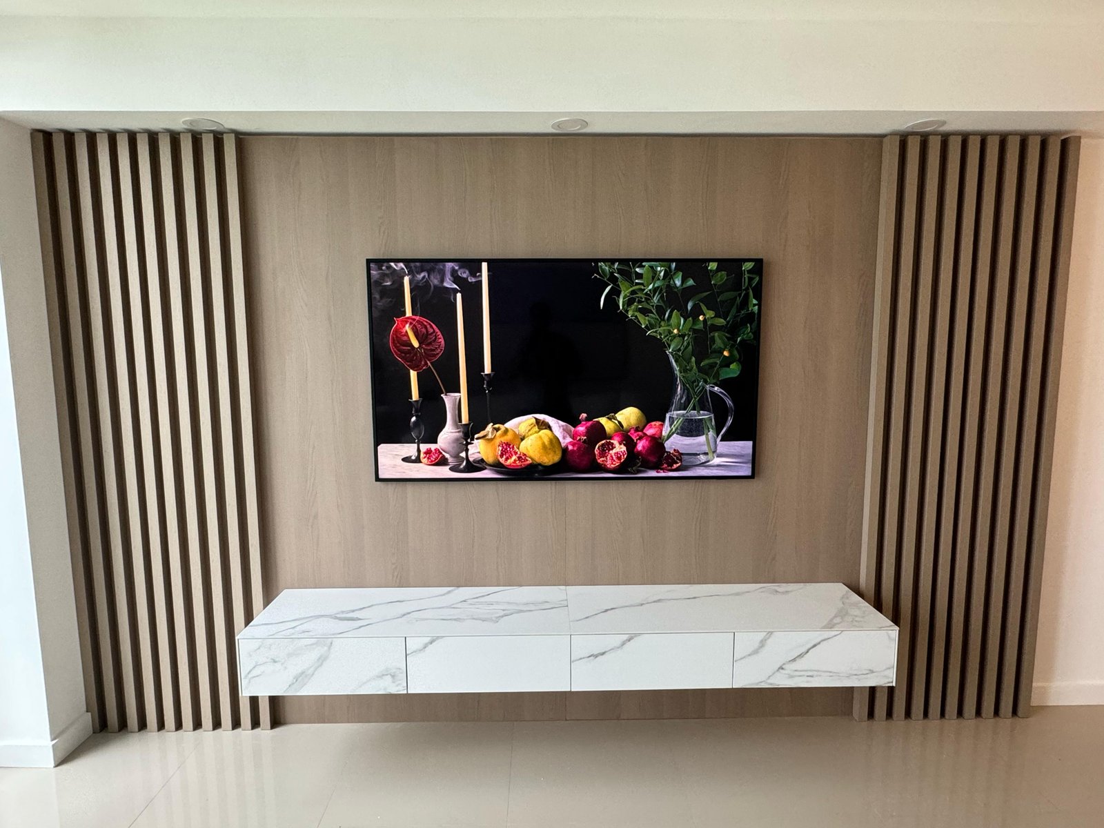Decorative wall unit featuring stone accents for visual impact.
